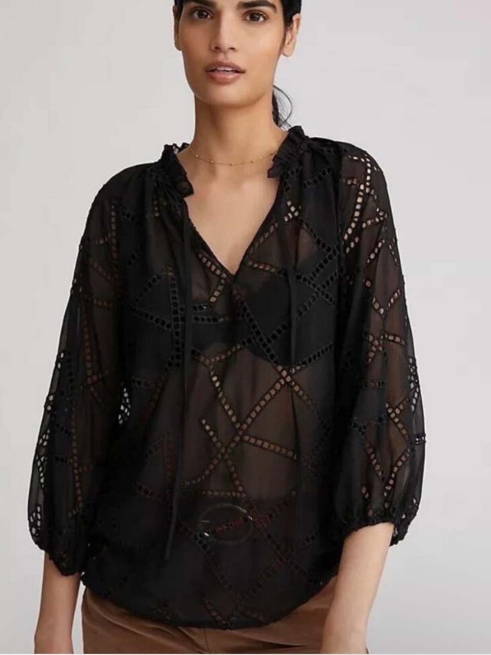 Caballero Black Sheer Eyelet Geometric Blouse in Size Medium Like New 3/4 Sleeve